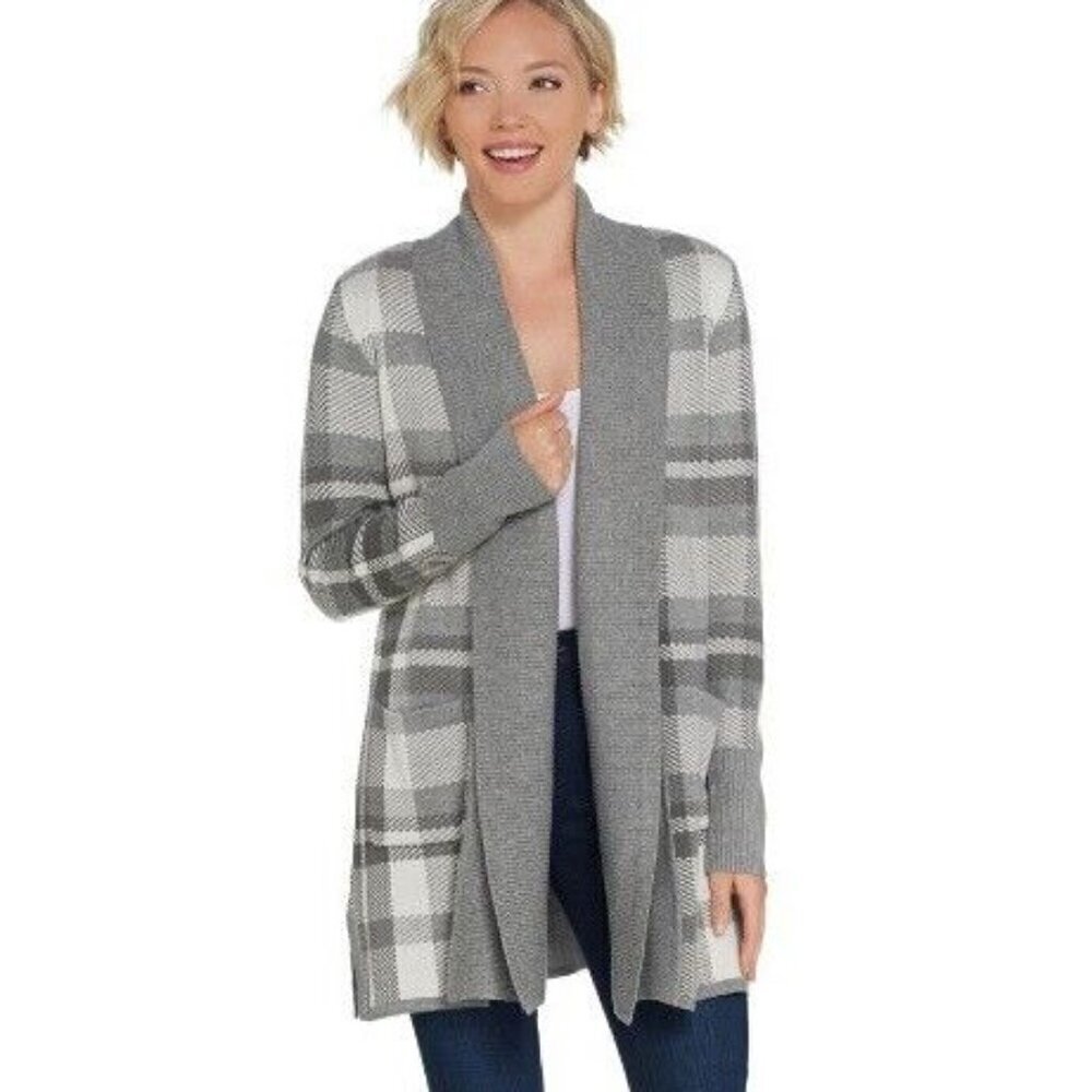 Isaac Mizrahi Live Gray Plaid Shawl Cardigan Coatigan Knit Sweater Duster Jacket